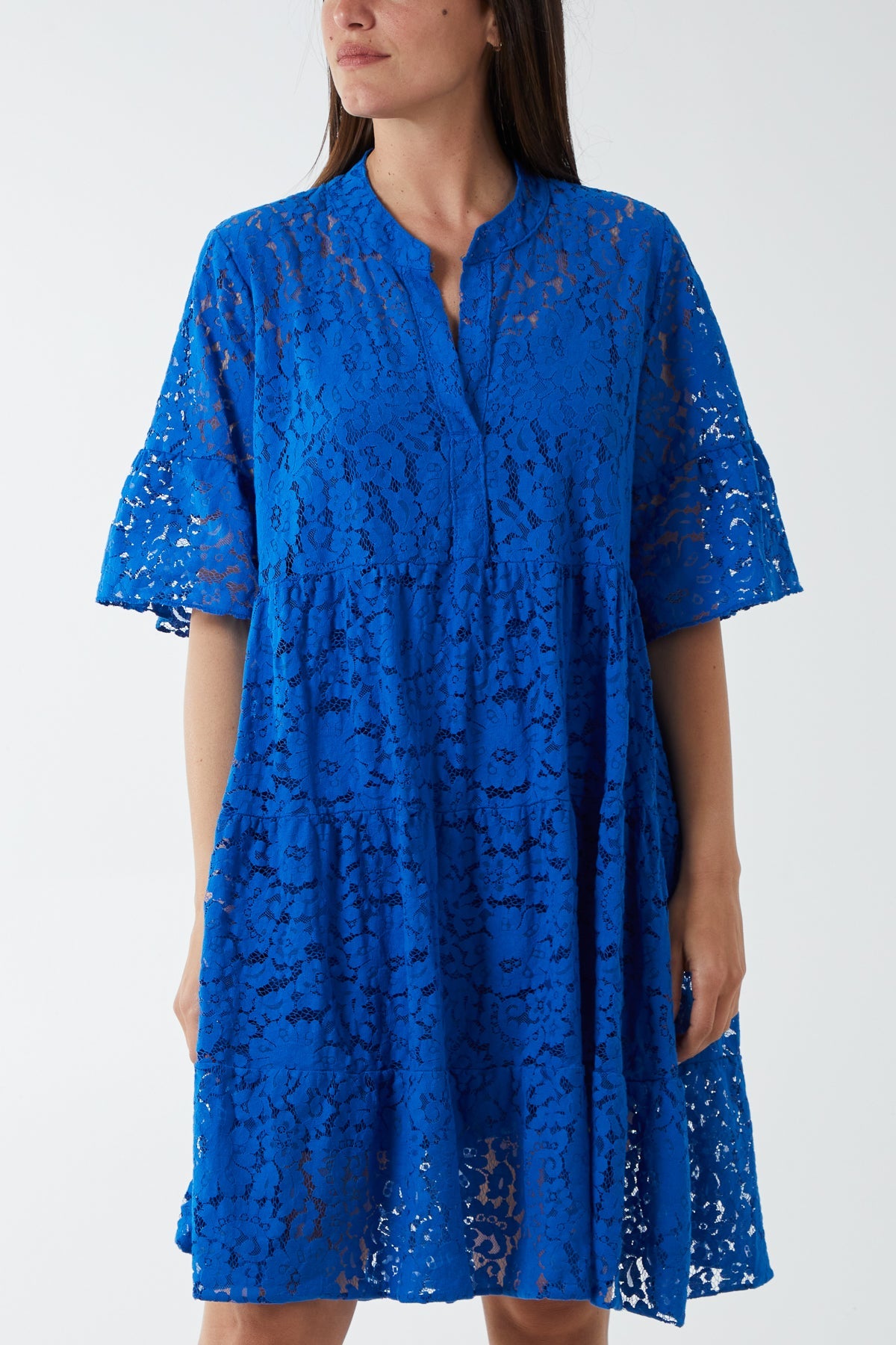 Angel Sleeve Tiered Lace Dress DMF2 WearAll Royal Blue One Size