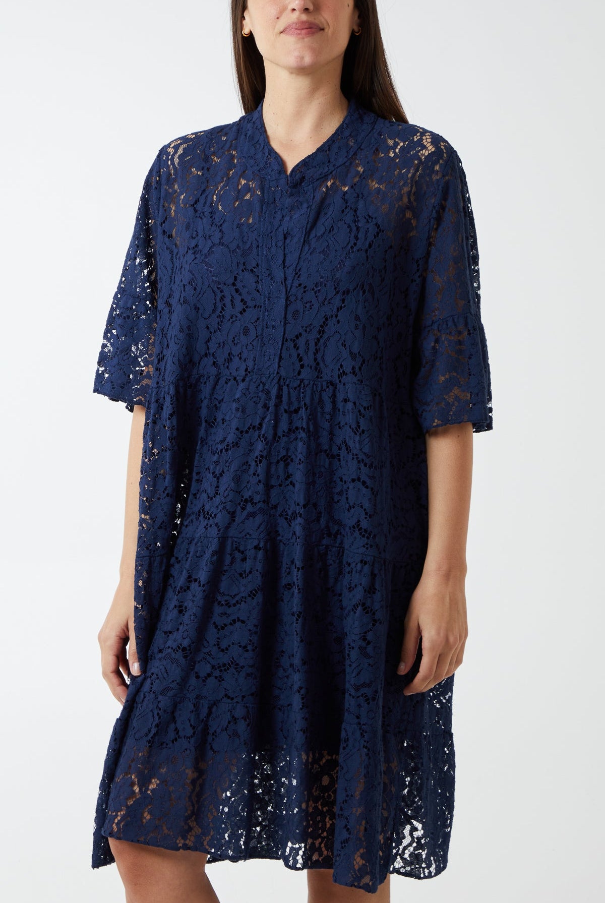 Angel Sleeve Tiered Lace Dress DMF2 WearAll Navy One Size