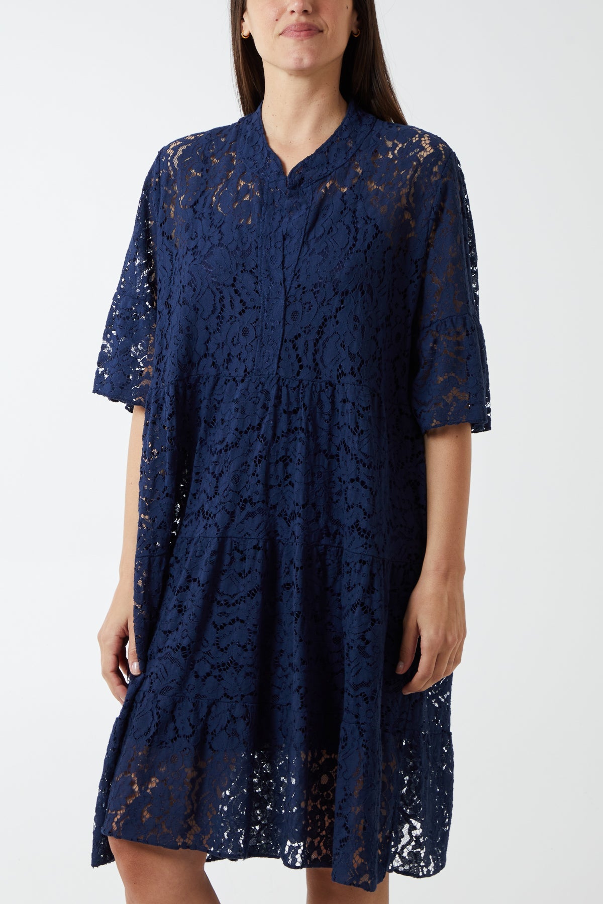 Angel Sleeve Tiered Lace Dress DMF2 WearAll Navy One Size