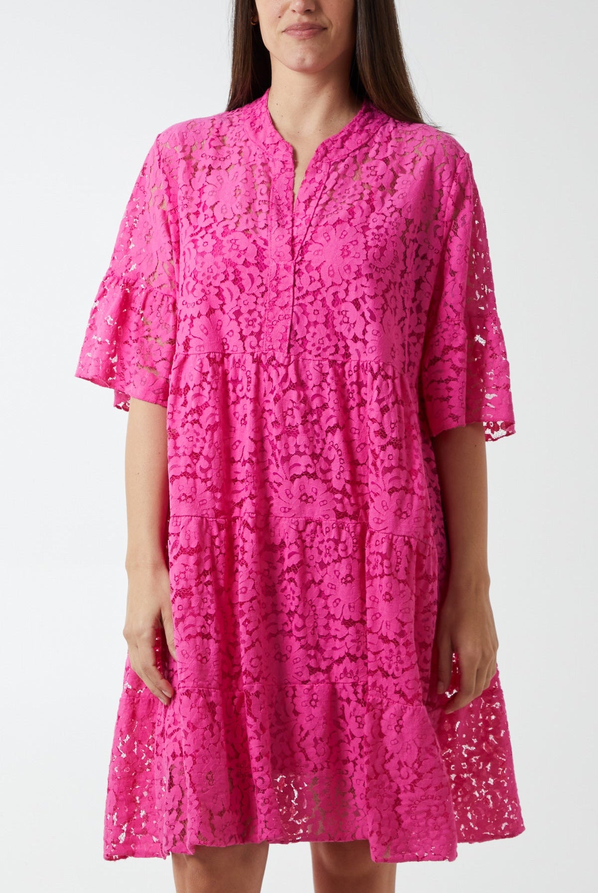 Angel Sleeve Tiered Lace Dress DMF2 WearAll Fuchsia One Size