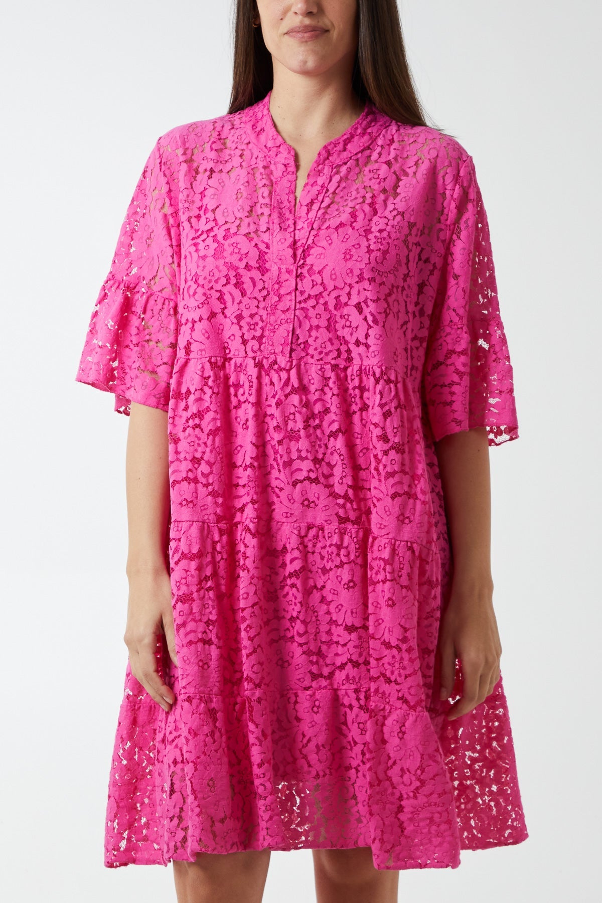 Angel Sleeve Tiered Lace Dress DMF2 WearAll Fuchsia One Size