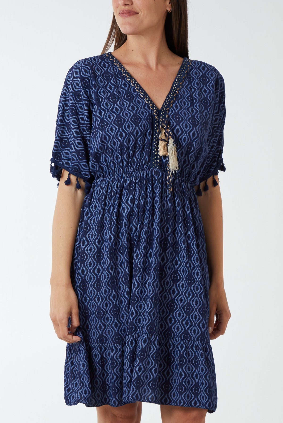 Geometric Tassel Trim Dress DMF2 WearAll Navy One Size