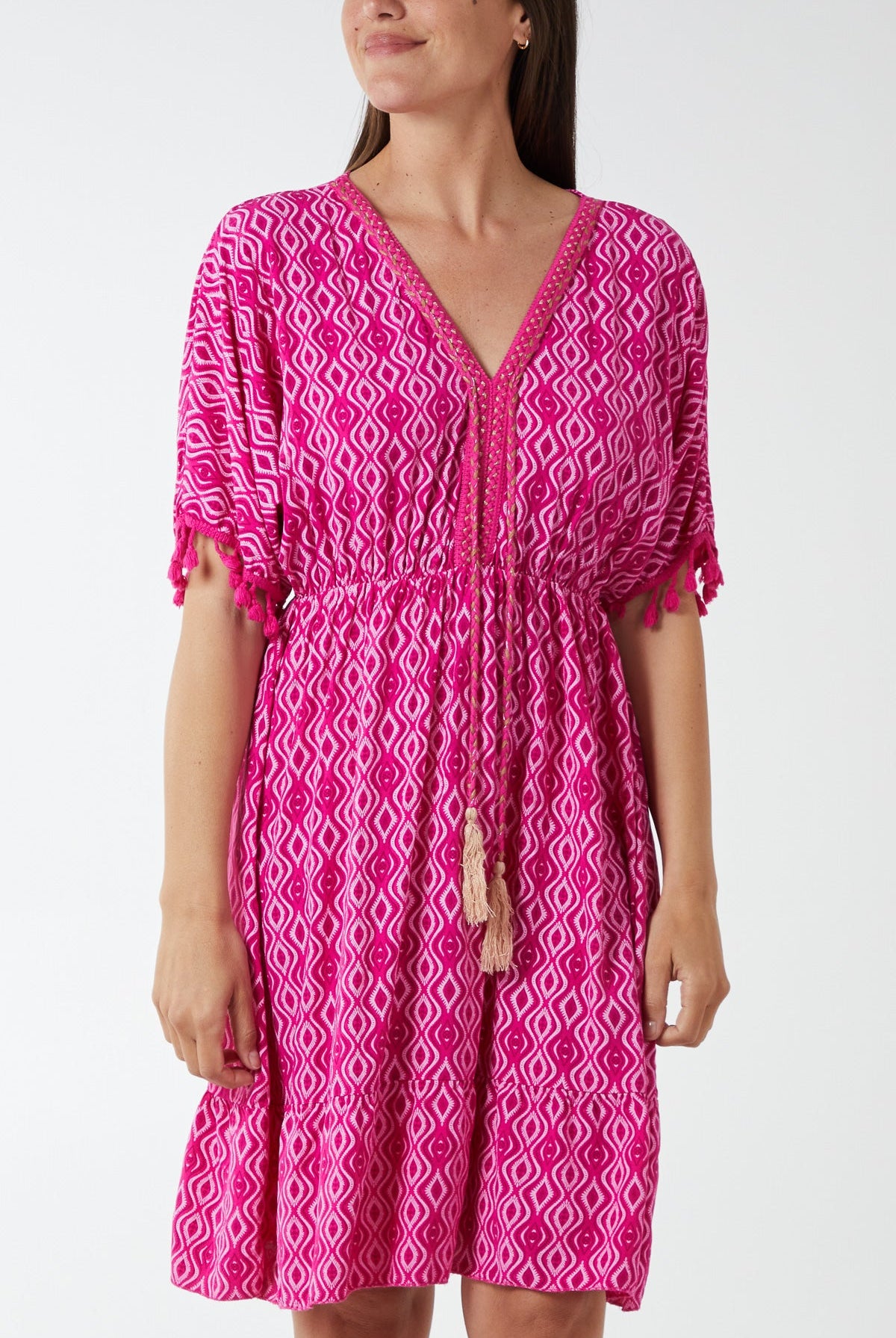 Geometric Tassel Trim Dress DMF2 WearAll Fuchsia One Size