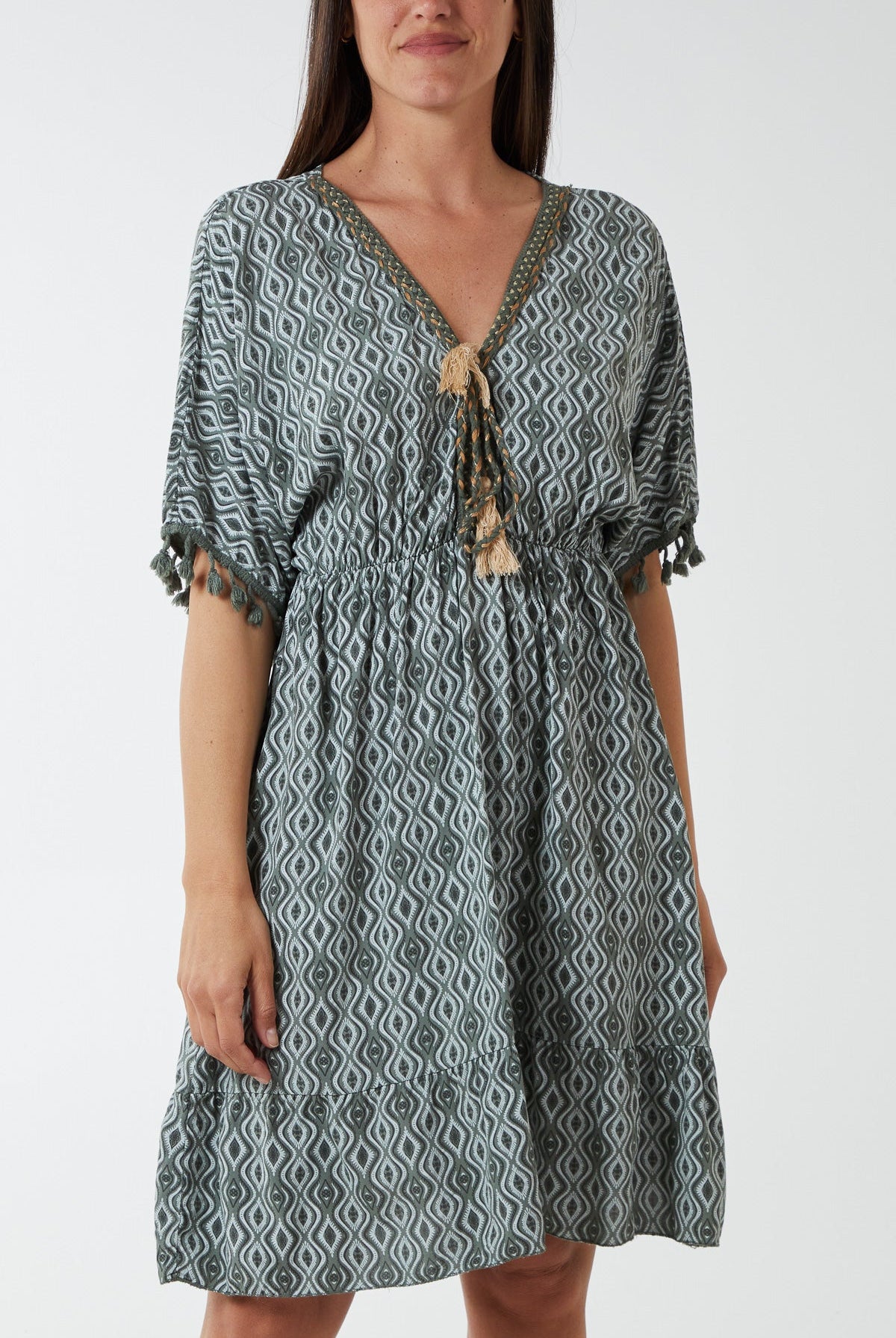 Geometric Tassel Trim Dress DMF2 WearAll Khaki One Size