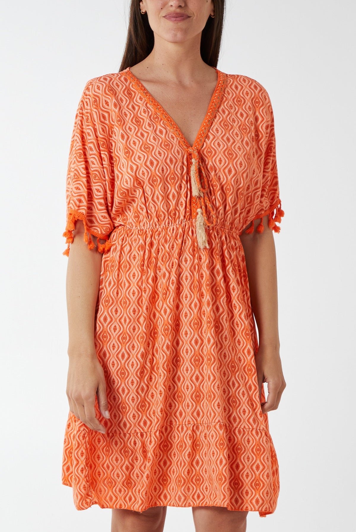 Geometric Tassel Trim Dress DMF2 WearAll Orange One Size