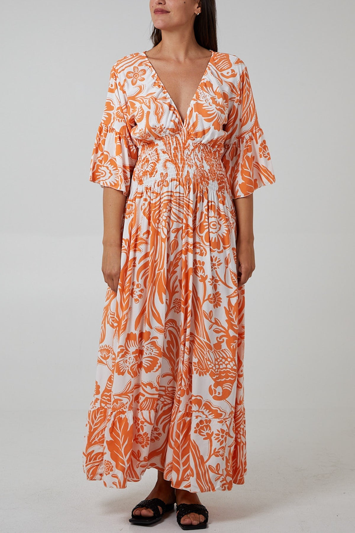 Floral Shirred Waist Maxi Dress DMF2 WearAll Orange One Size