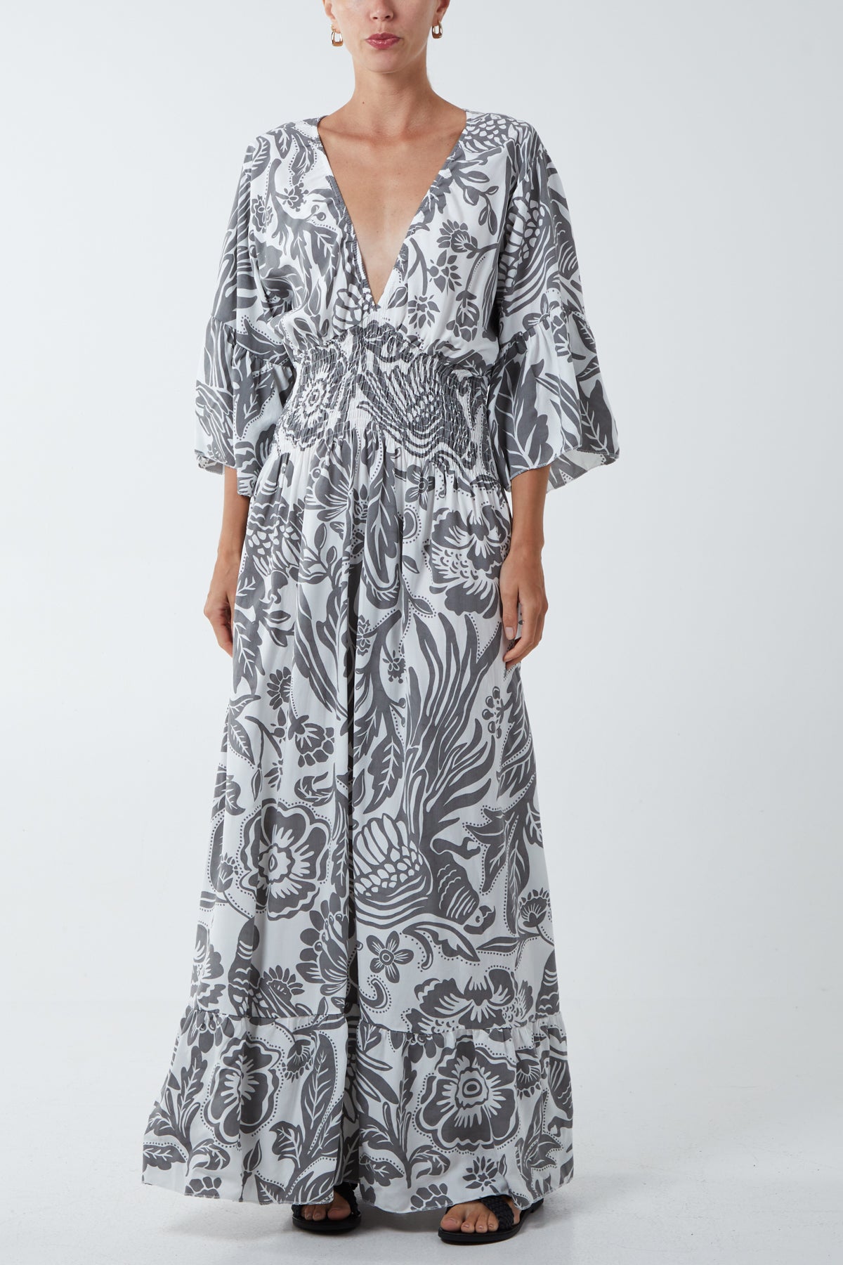 Floral Shirred Waist Maxi Dress DMF2 WearAll Grey One Size