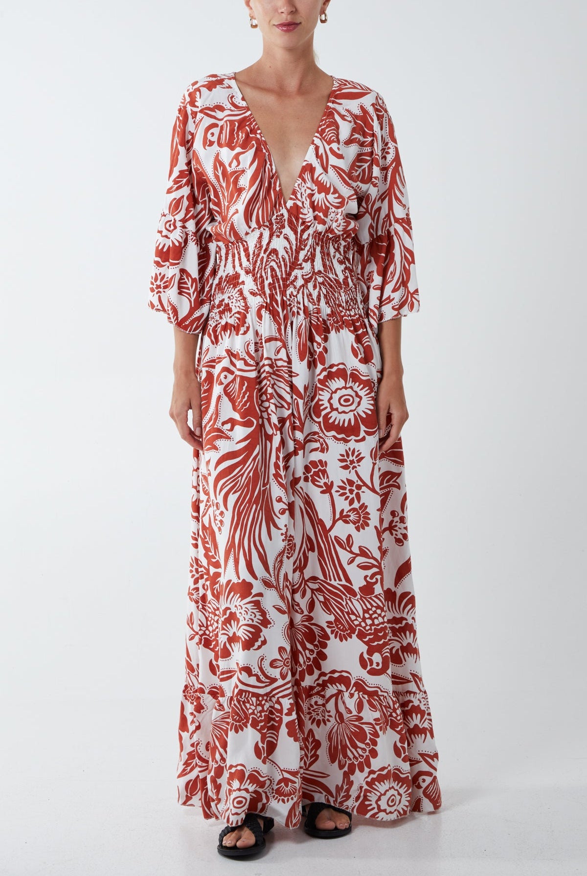 Floral Shirred Waist Maxi Dress DMF2 WearAll Terracotta One Size