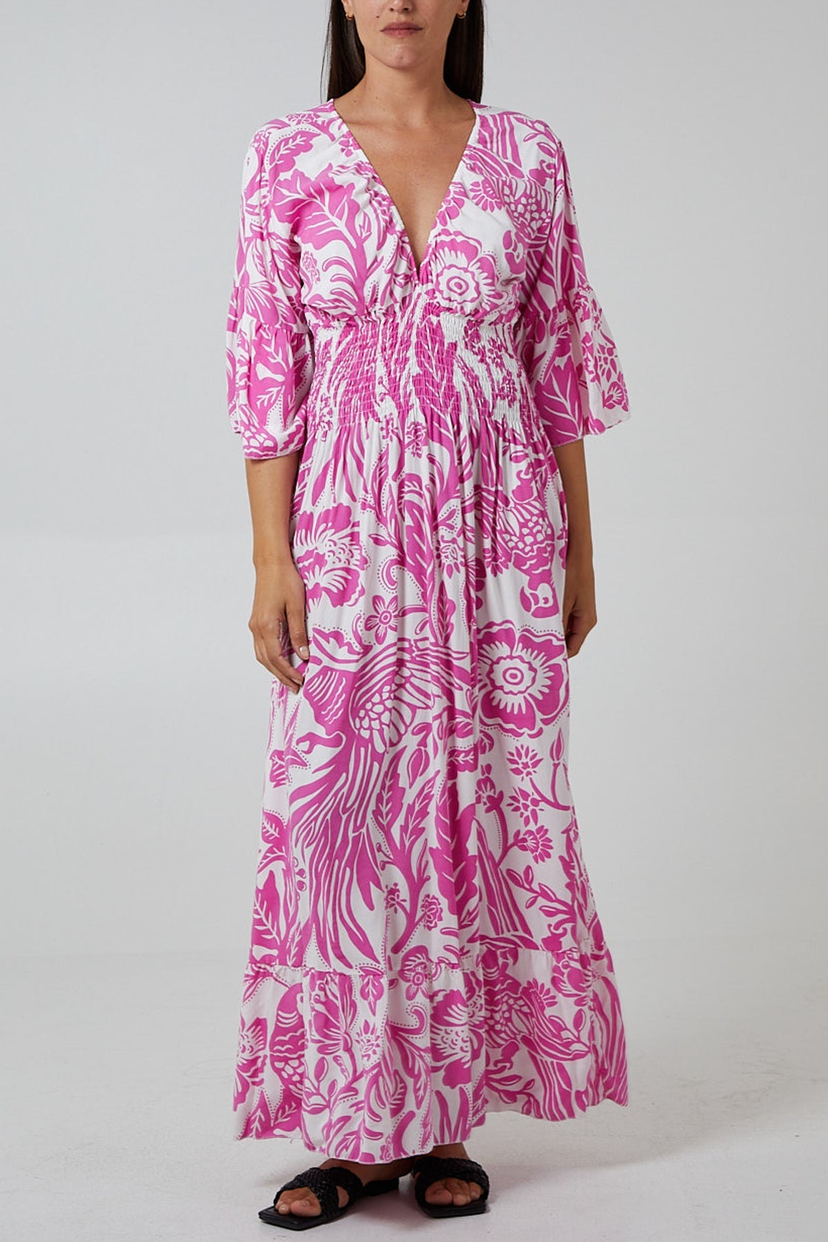 Floral Shirred Waist Maxi Dress DMF2 WearAll Fuchsia One Size