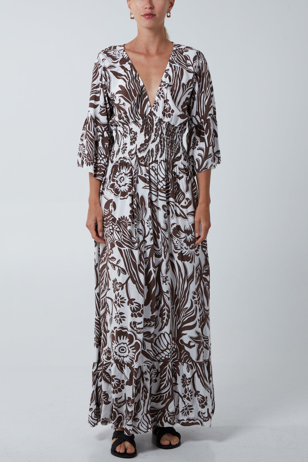 Floral Shirred Waist Maxi Dress DMF2 WearAll Chocolate One Size