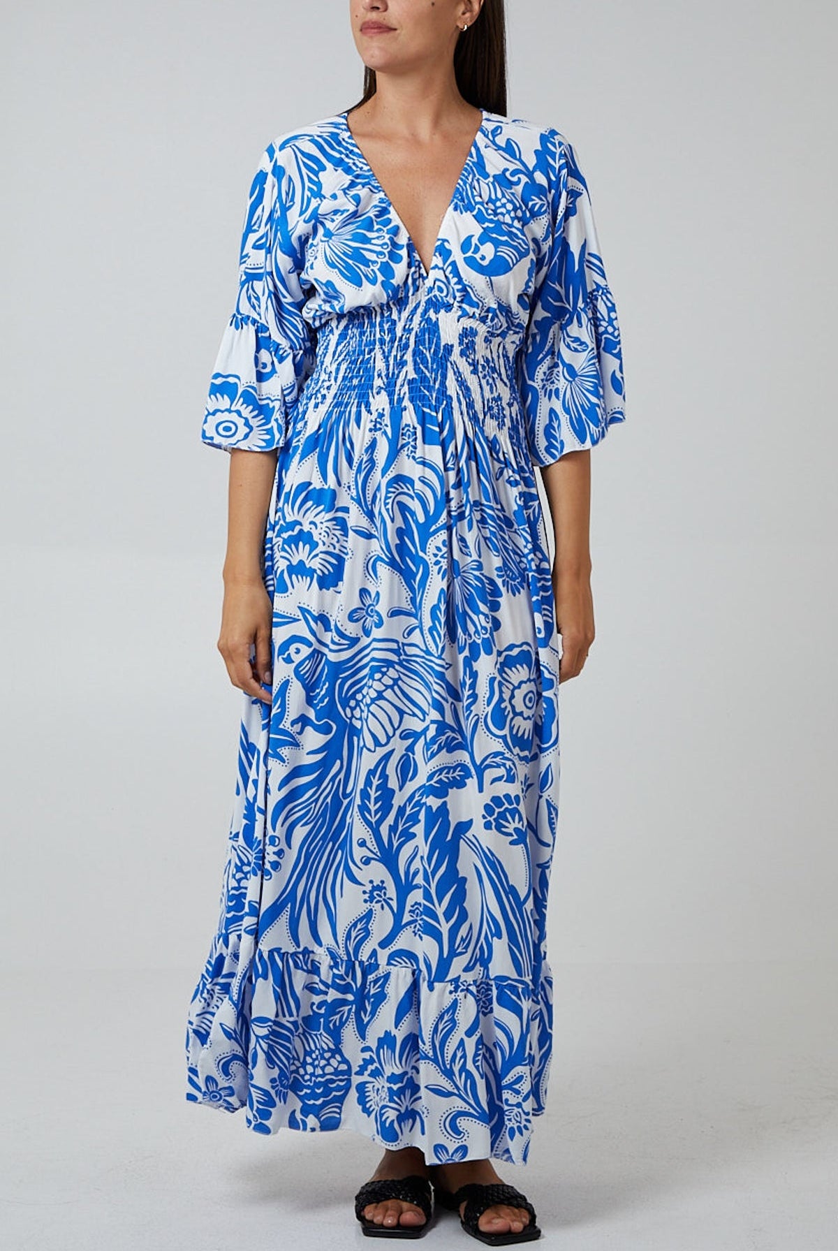 Floral Shirred Waist Maxi Dress DMF2 WearAll Royal Blue One Size