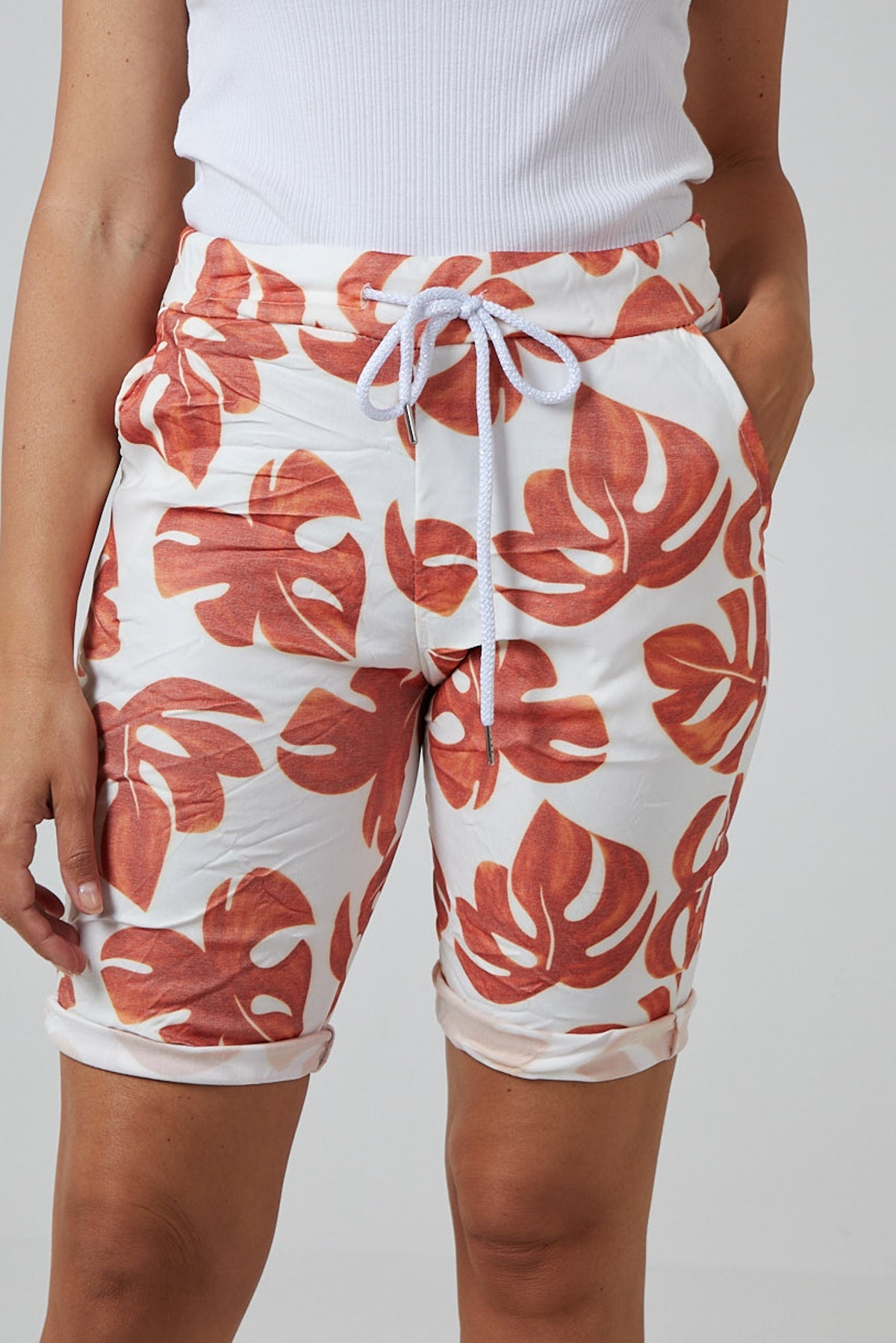 Monstera Leaf Super Stretch Shorts Shorts WearAll Coral 8