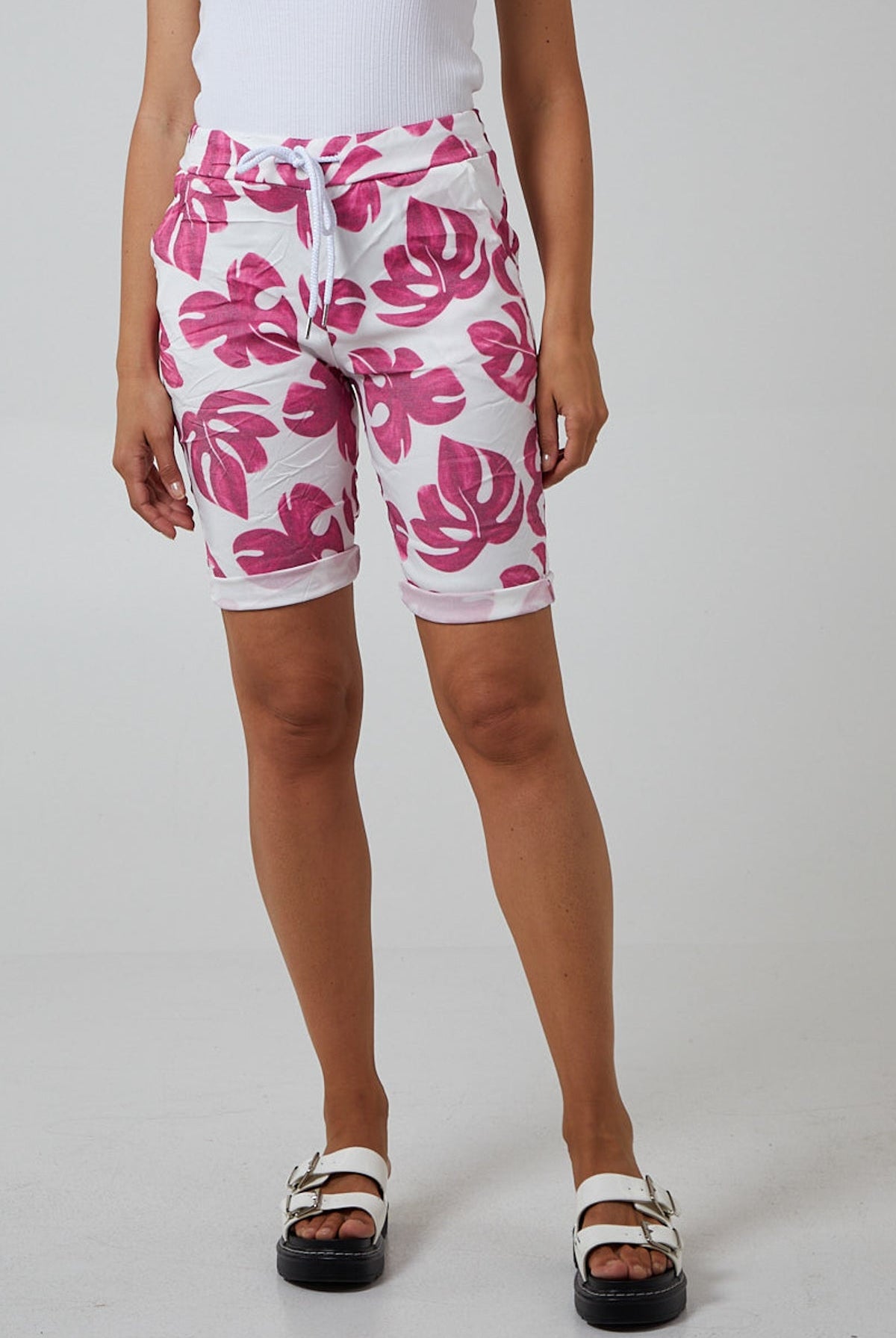 Monstera Leaf Super Stretch Shorts Shorts WearAll Fuchsia 8