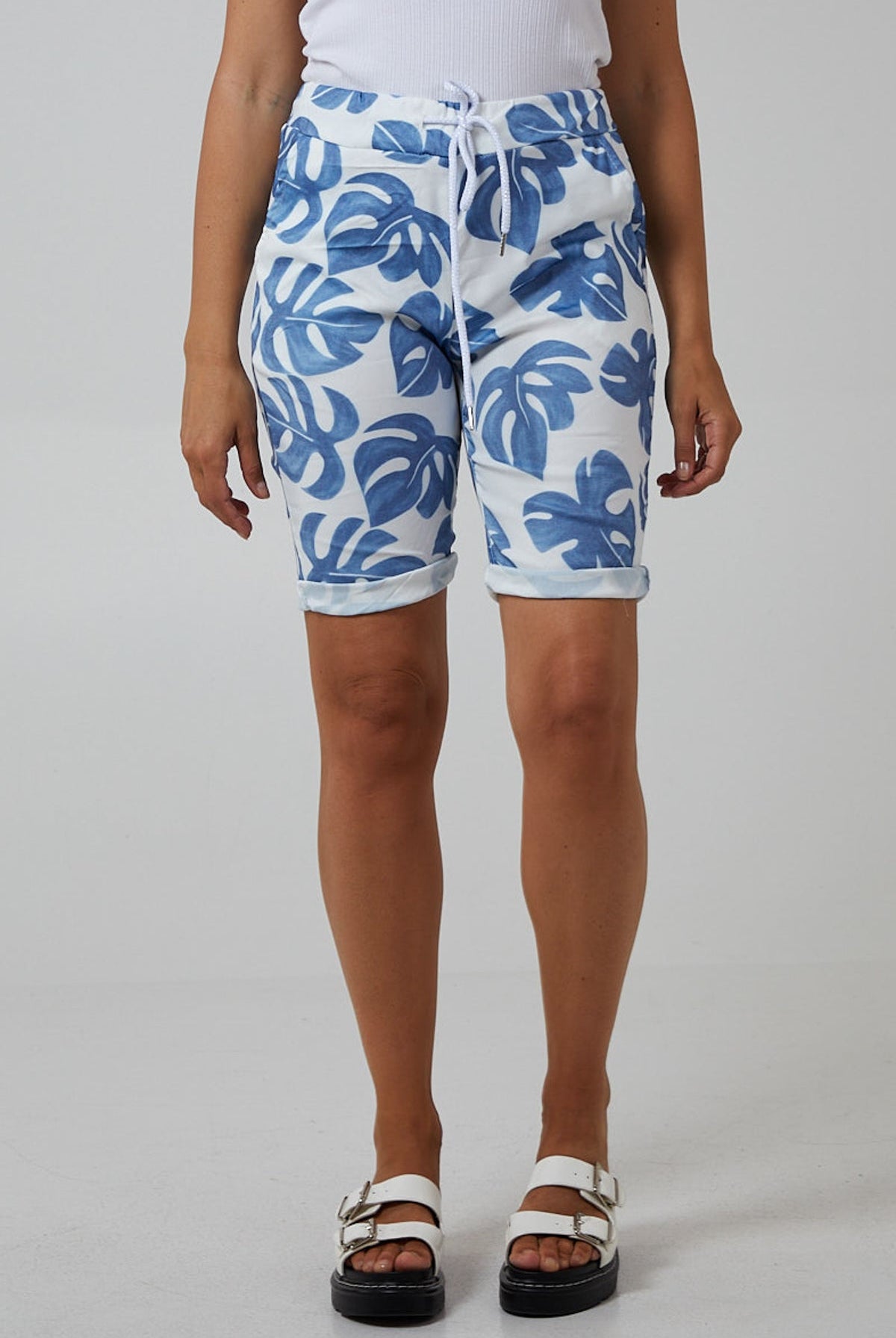 Monstera Leaf Super Stretch Shorts Shorts WearAll Denim Blue 8