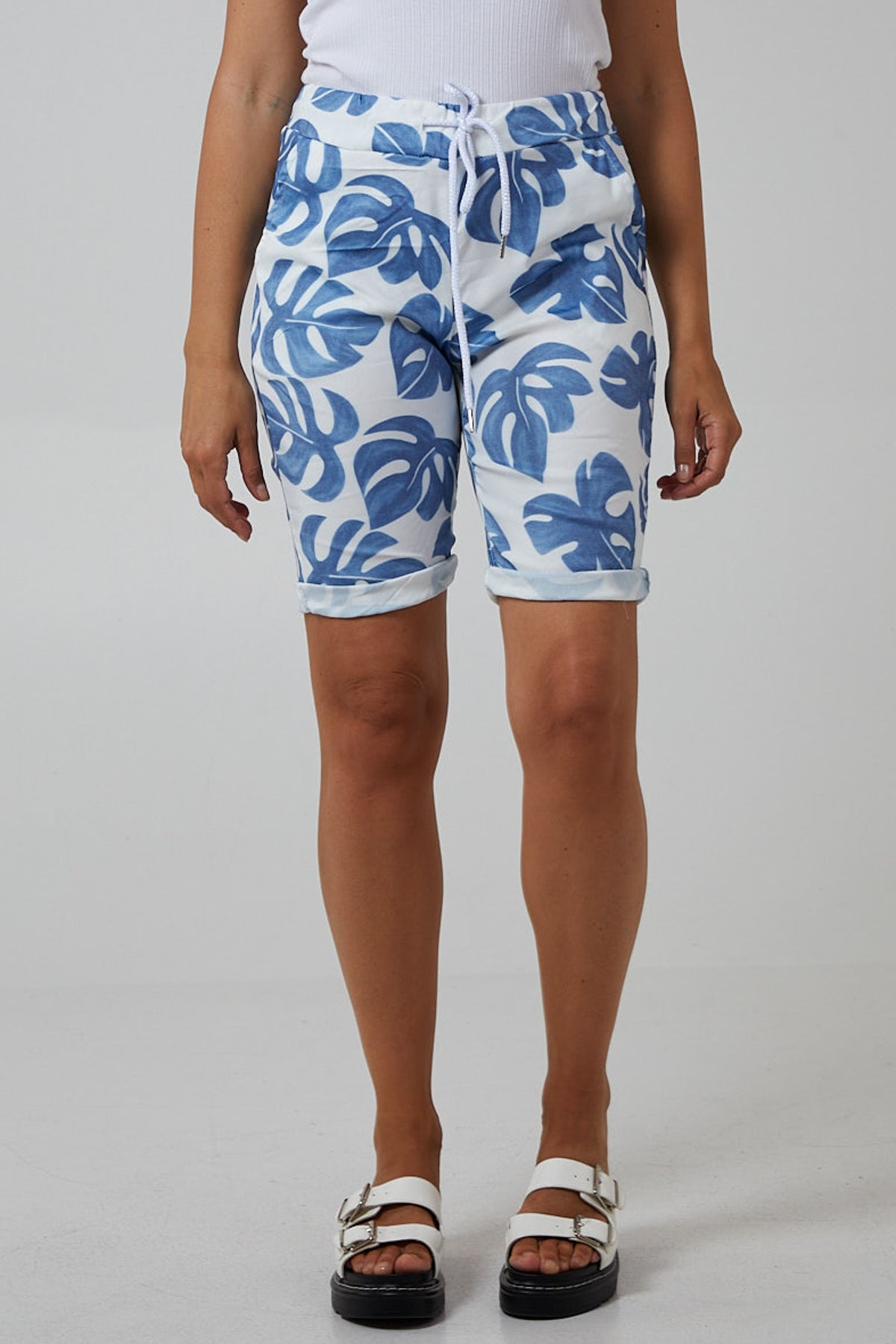 Monstera Leaf Super Stretch Shorts Shorts WearAll Denim Blue 8