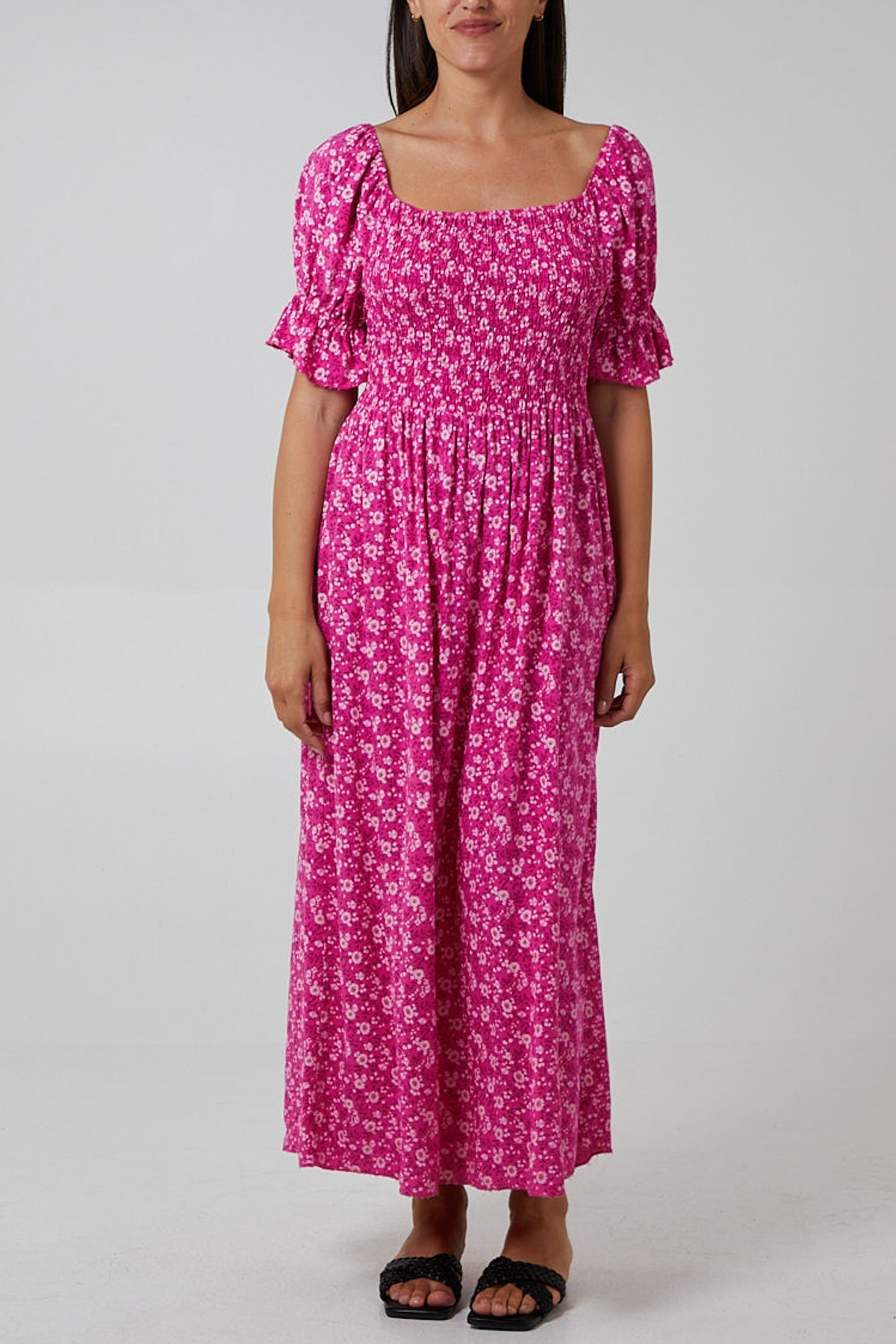 Puff Sleeve Floral Shirred Bodice Dress Clothing WearAll Fuchsia One Size