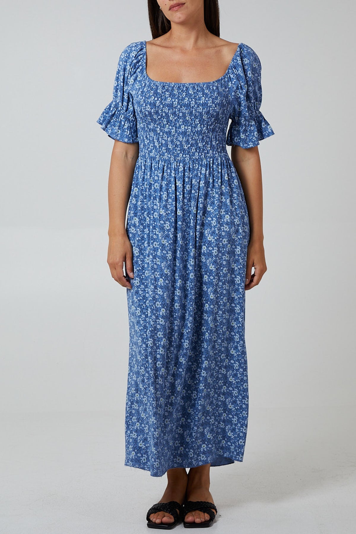 Puff Sleeve Floral Shirred Bodice Dress Clothing WearAll Denim One Size