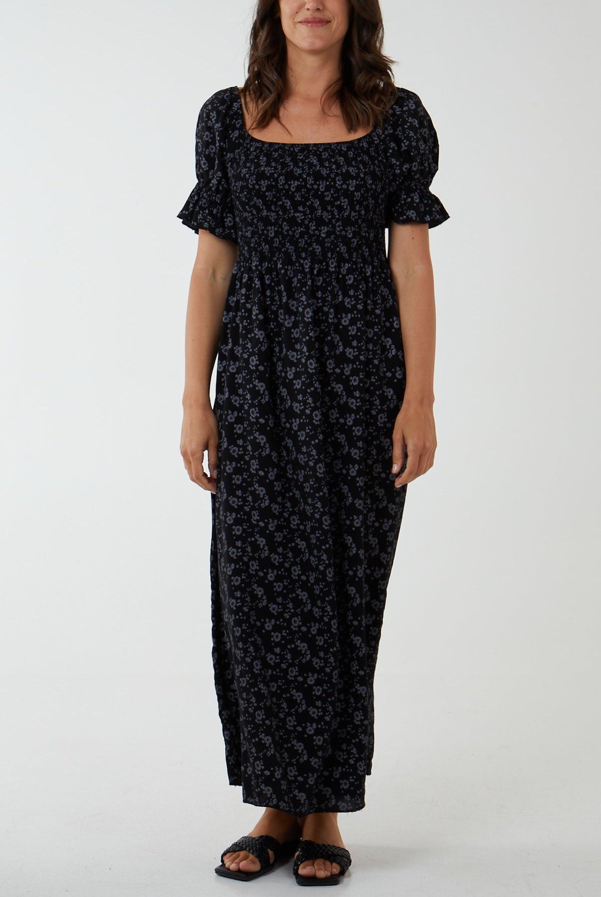 Puff Sleeve Floral Shirred Bodice Dress Clothing WearAll Black One Size