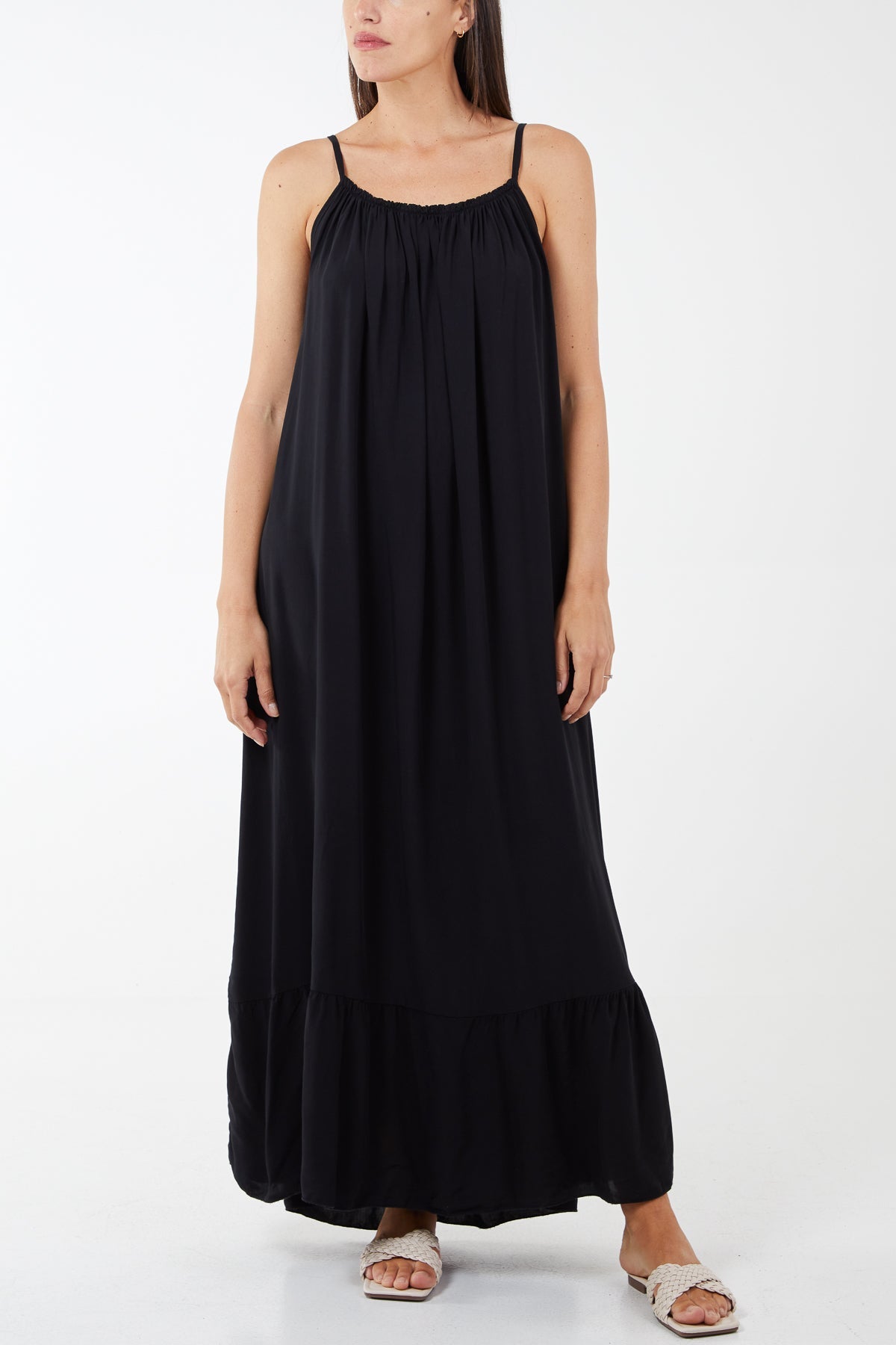 Cami Strap Relaxed Tiered Maxi Dress DMF2 WearAll Black One Size