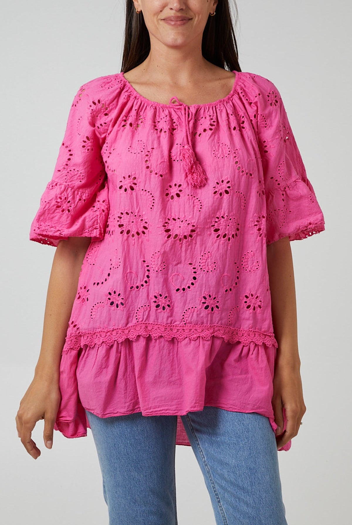 Gypsy Broderie Anglaise Flounce Hem Blouse TOPMF2 WearAll Hot Pink One Size