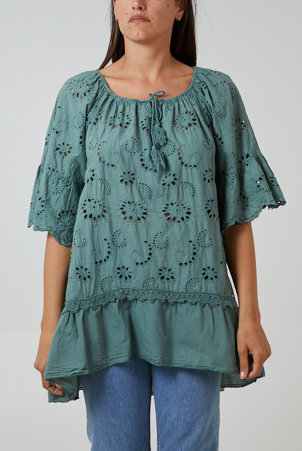 Gypsy Broderie Anglaise Flounce Hem Blouse TOPMF2 WearAll Khaki One Size