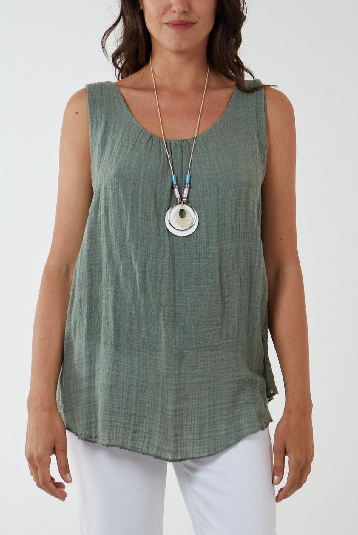 Double Layer Scoop Neck Necklace Vest TOPMF2 WearAll Khaki One Size