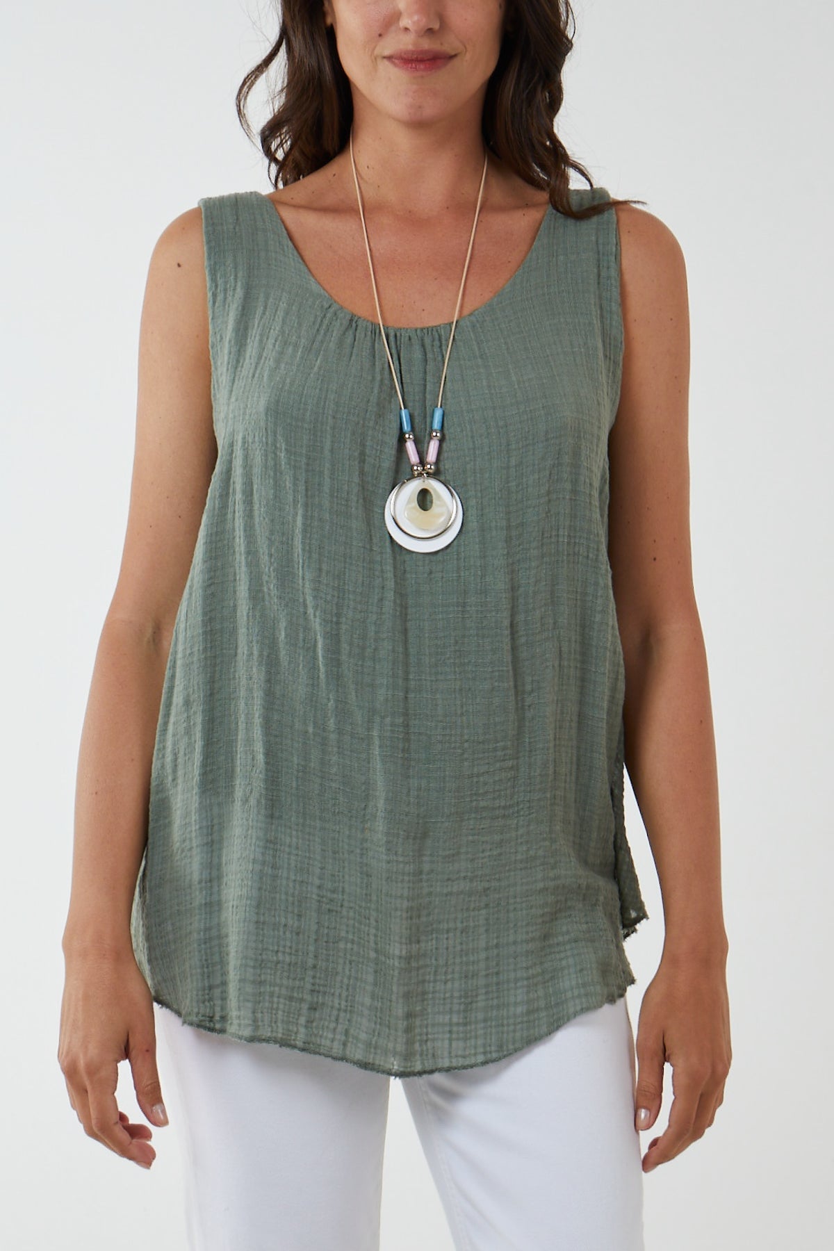 Double Layer Scoop Neck Necklace Vest TOPMF2 WearAll Khaki One Size