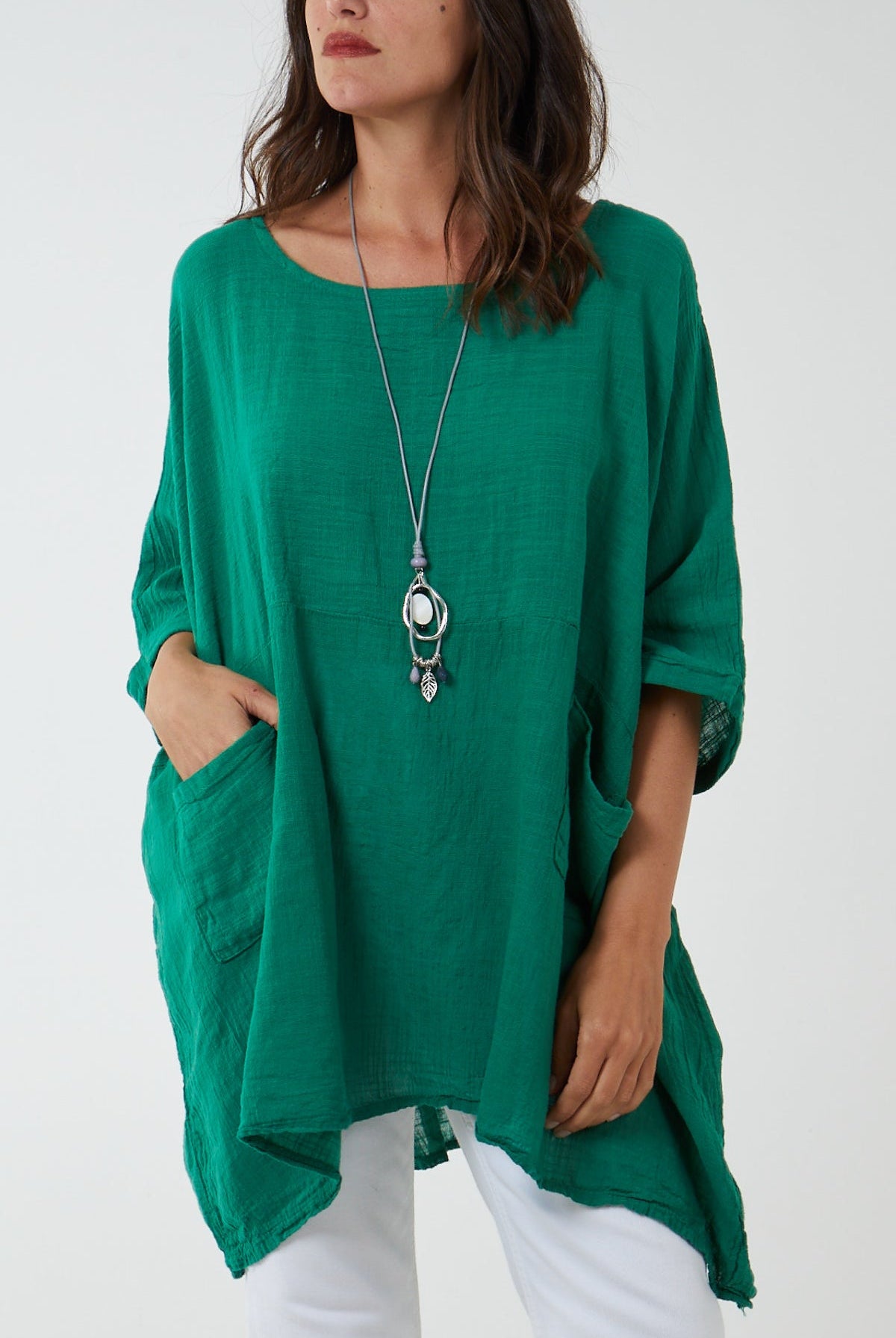 100% Cotton Oversized Pocket Necklace Top TOPMF2 WearAll Jade One Size