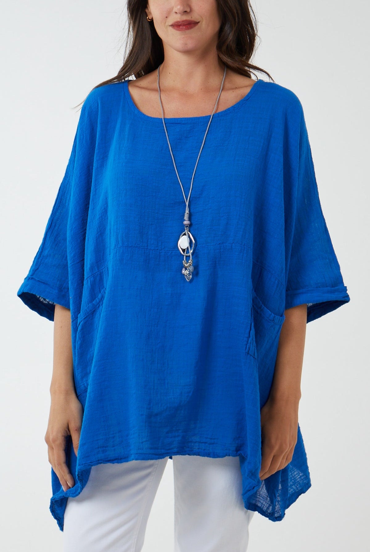 100% Cotton Oversized Pocket Necklace Top TOPMF2 WearAll Royal Blue One Size