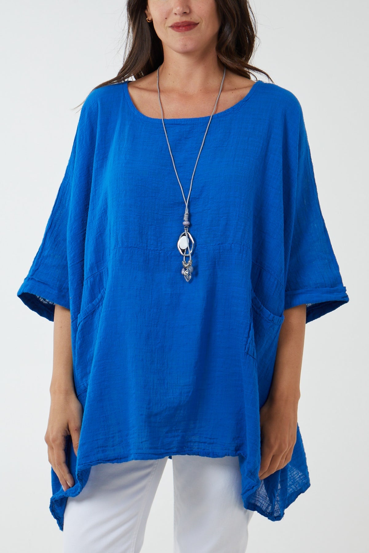 100% Cotton Oversized Pocket Necklace Top TOPMF2 WearAll Royal Blue One Size