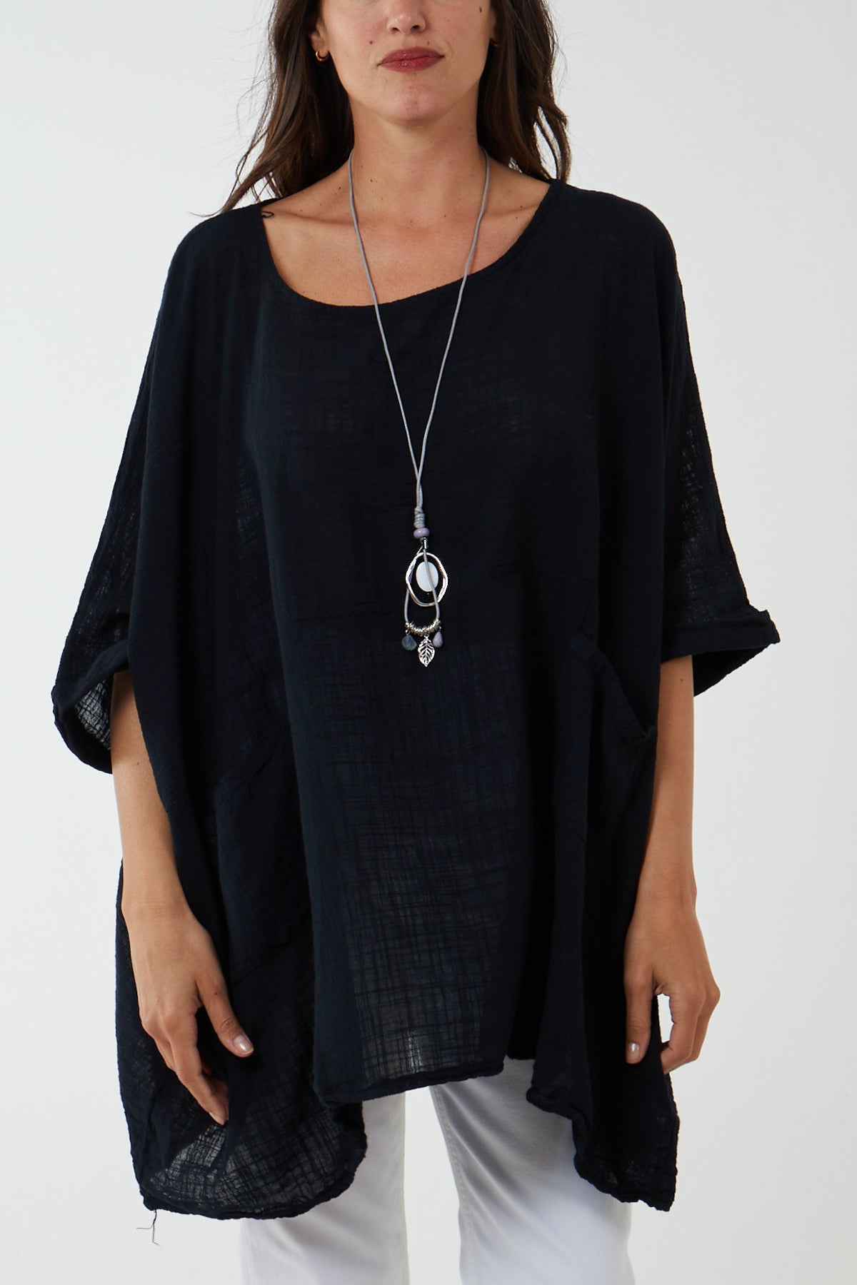 100% Cotton Oversized Pocket Necklace Top TOPMF2 WearAll Black One Size