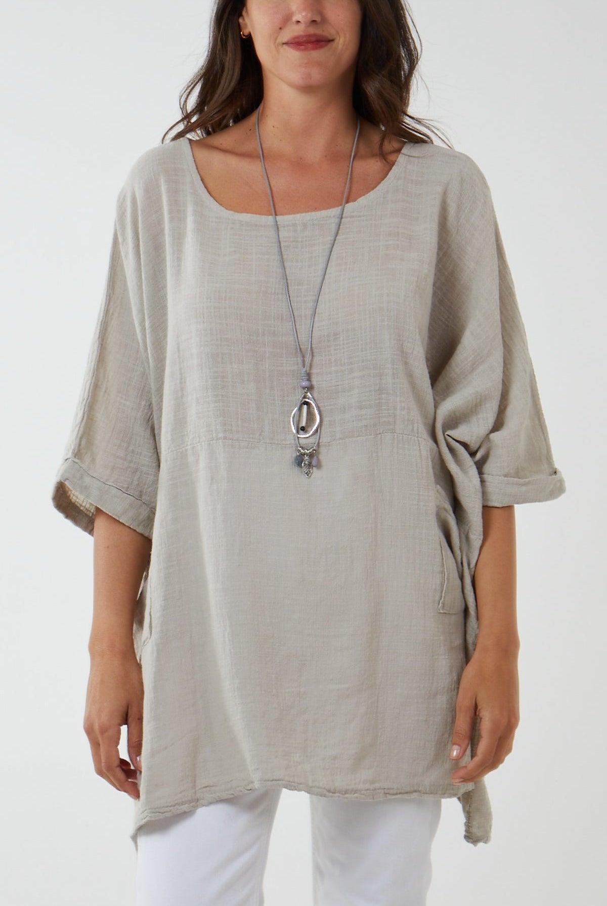 100% Cotton Oversized Pocket Necklace Top TOPMF2 WearAll Stone One Size
