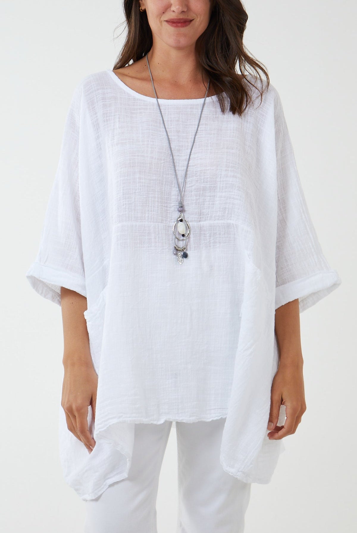 100% Cotton Oversized Pocket Necklace Top TOPMF2 WearAll White One Size