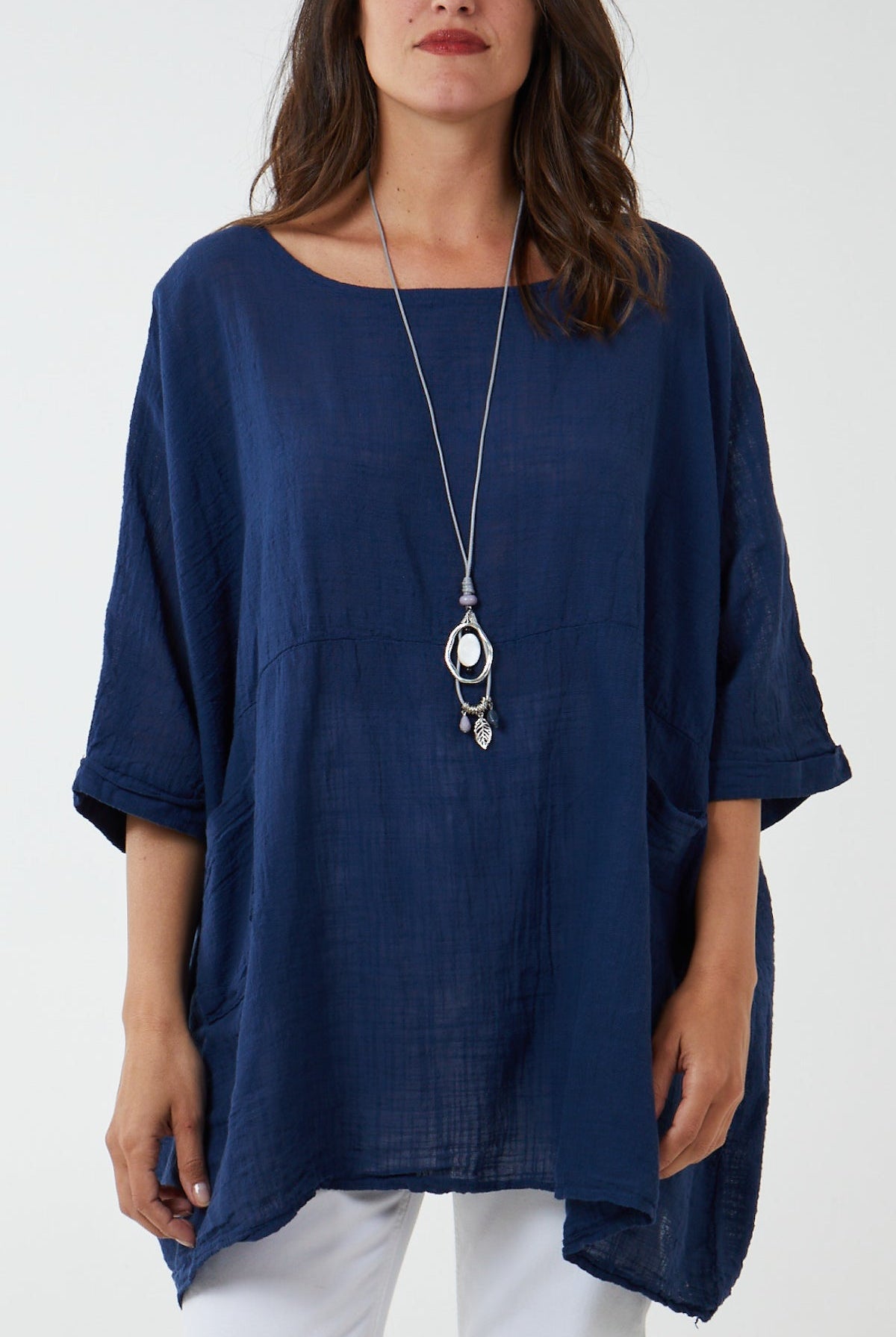 100% Cotton Oversized Pocket Necklace Top TOPMF2 WearAll Navy One Size