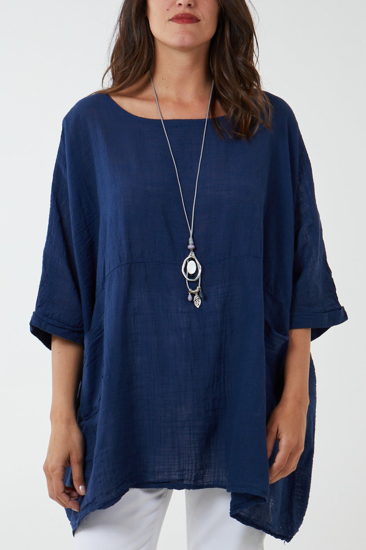 100% Cotton Oversized Pocket Necklace Top TOPMF2 WearAll Navy One Size