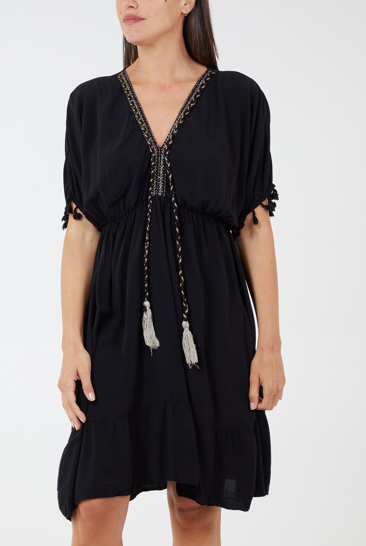 Tiered Elasticated Detail Tassel Trim Dress DMF2 WearAll Black One Size