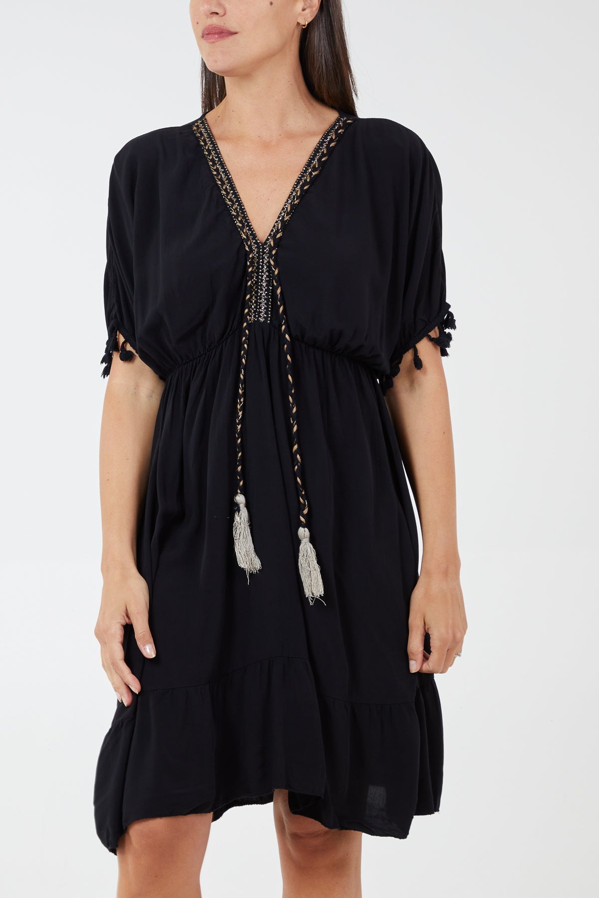 Tiered Elasticated Detail Tassel Trim Dress DMF2 WearAll Black One Size