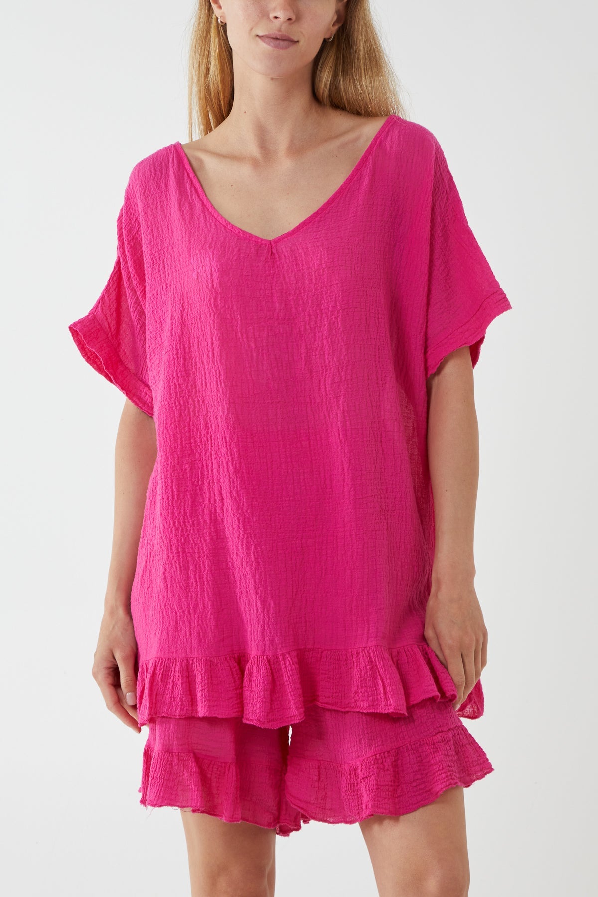 Cotton Blend Frill Hem Top & Short Set TW1 WearAll Fuchsia One Size