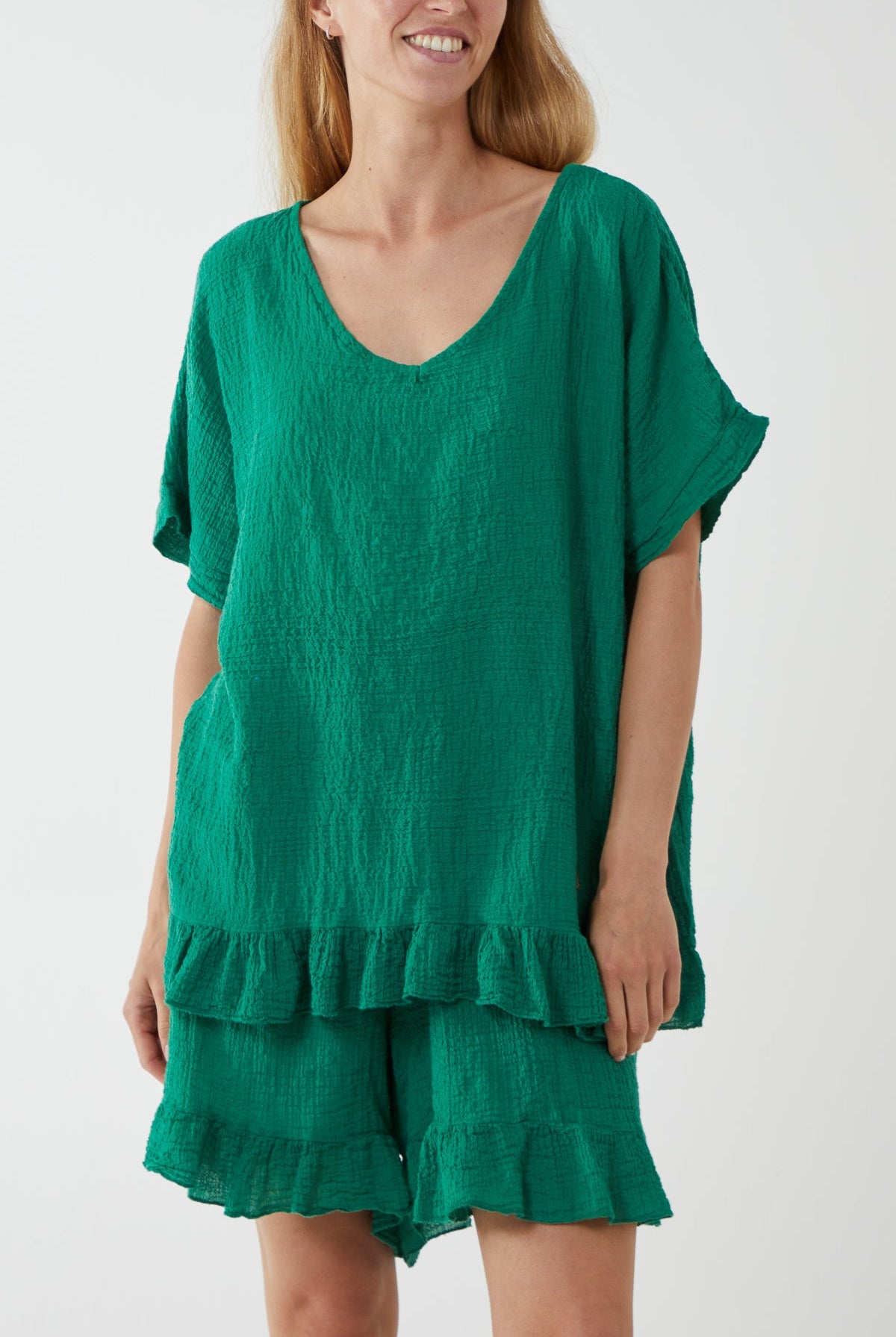 Cotton Blend Frill Hem Top & Short Set TW1 WearAll Jade One Size