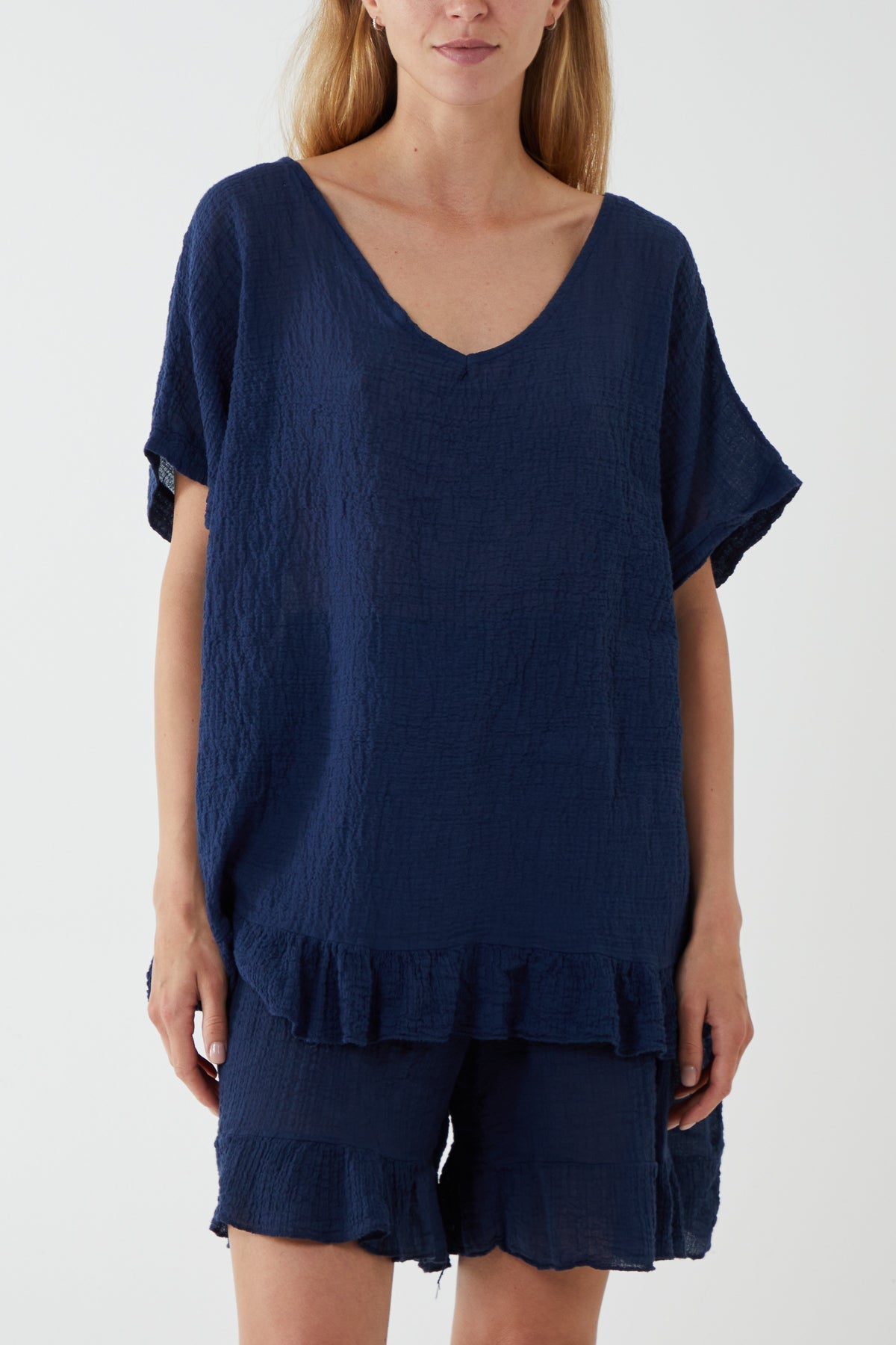 Cotton Blend Frill Hem Top & Short Set TW1 WearAll Navy One Size