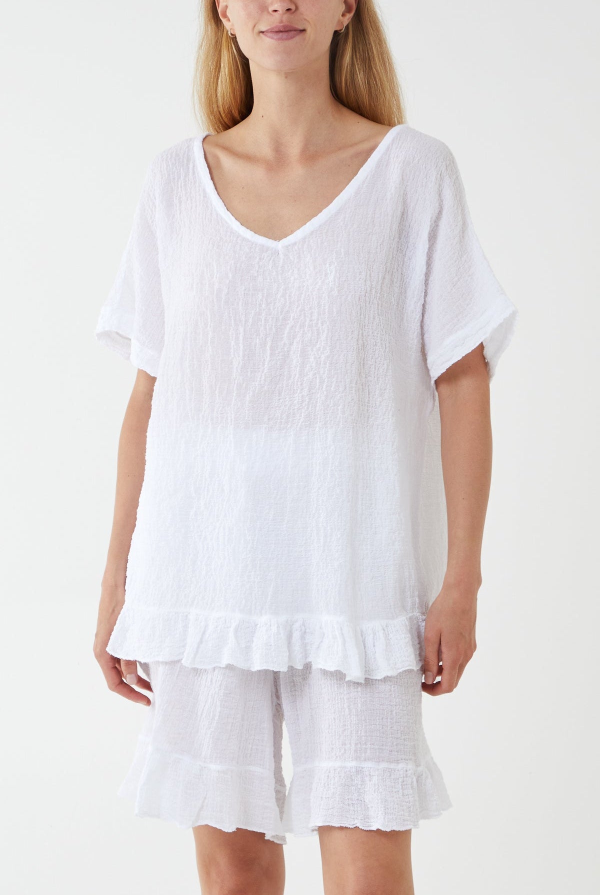 Cotton Blend Frill Hem Top & Short Set TW1 WearAll White One Size