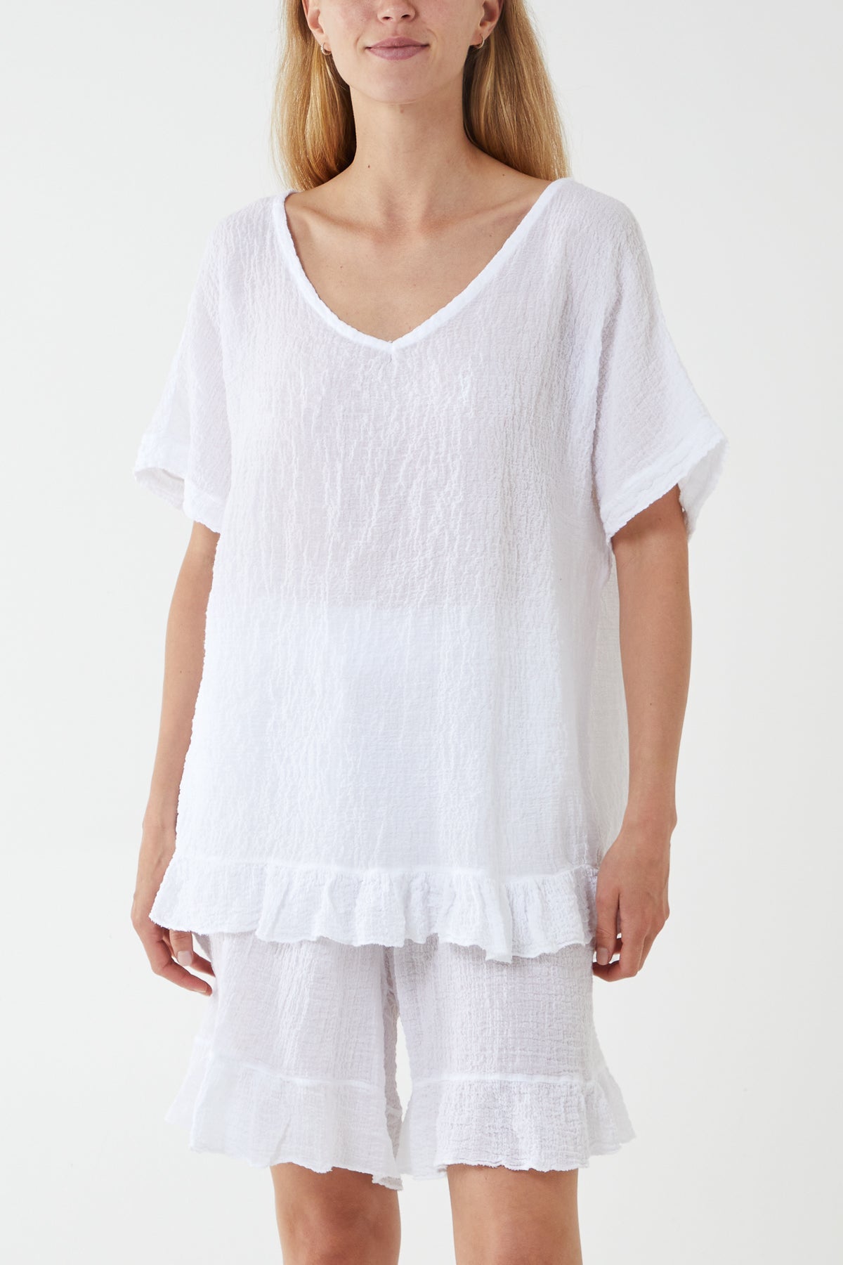 Cotton Blend Frill Hem Top & Short Set TW1 WearAll White One Size