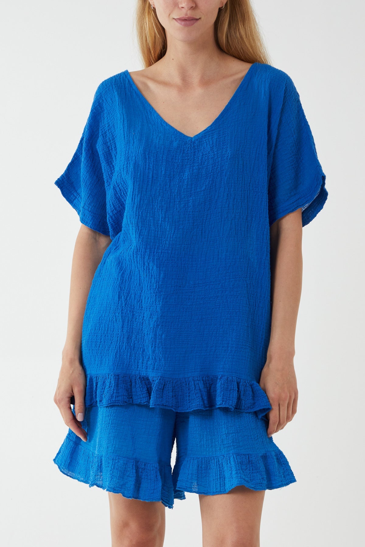 Cotton Blend Frill Hem Top & Short Set TW1 WearAll Royal Blue One Size