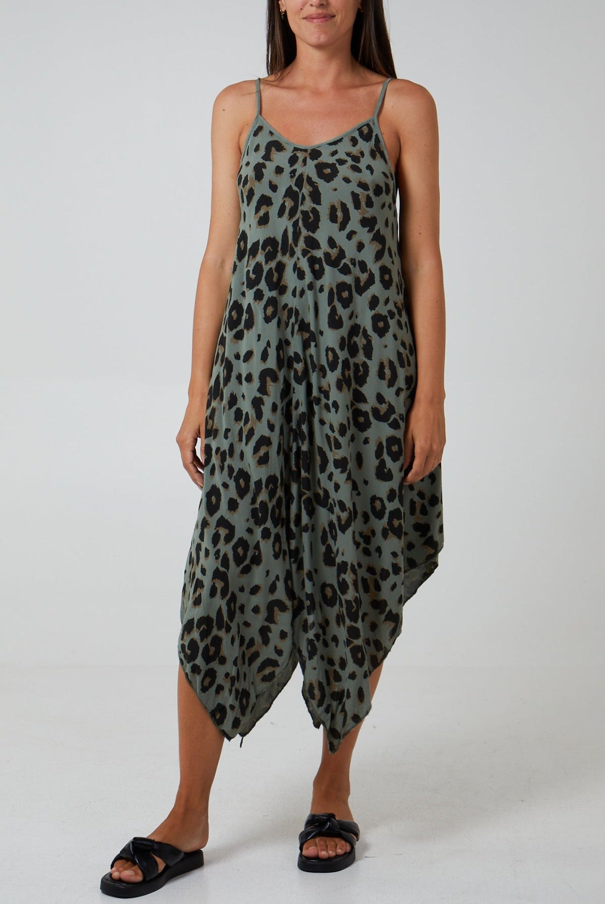 Hanky Hem Leopard Print Dress DMF2 WearAll Khaki One Size