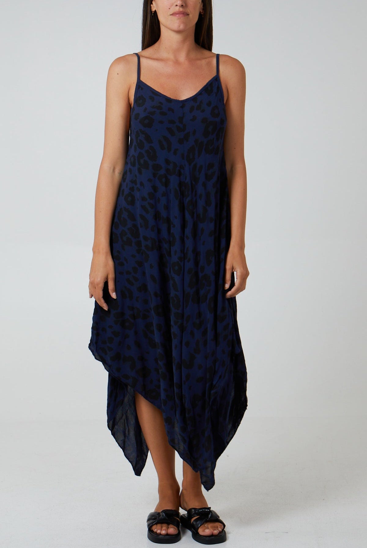 Hanky Hem Leopard Print Dress DMF2 WearAll Navy One Size