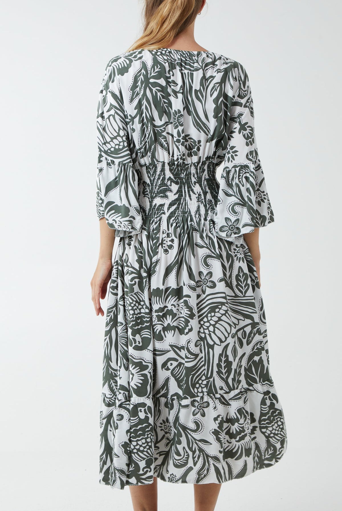 Monochromatic Floral Shirred Bodice Midi Dress DMF2 WearAll