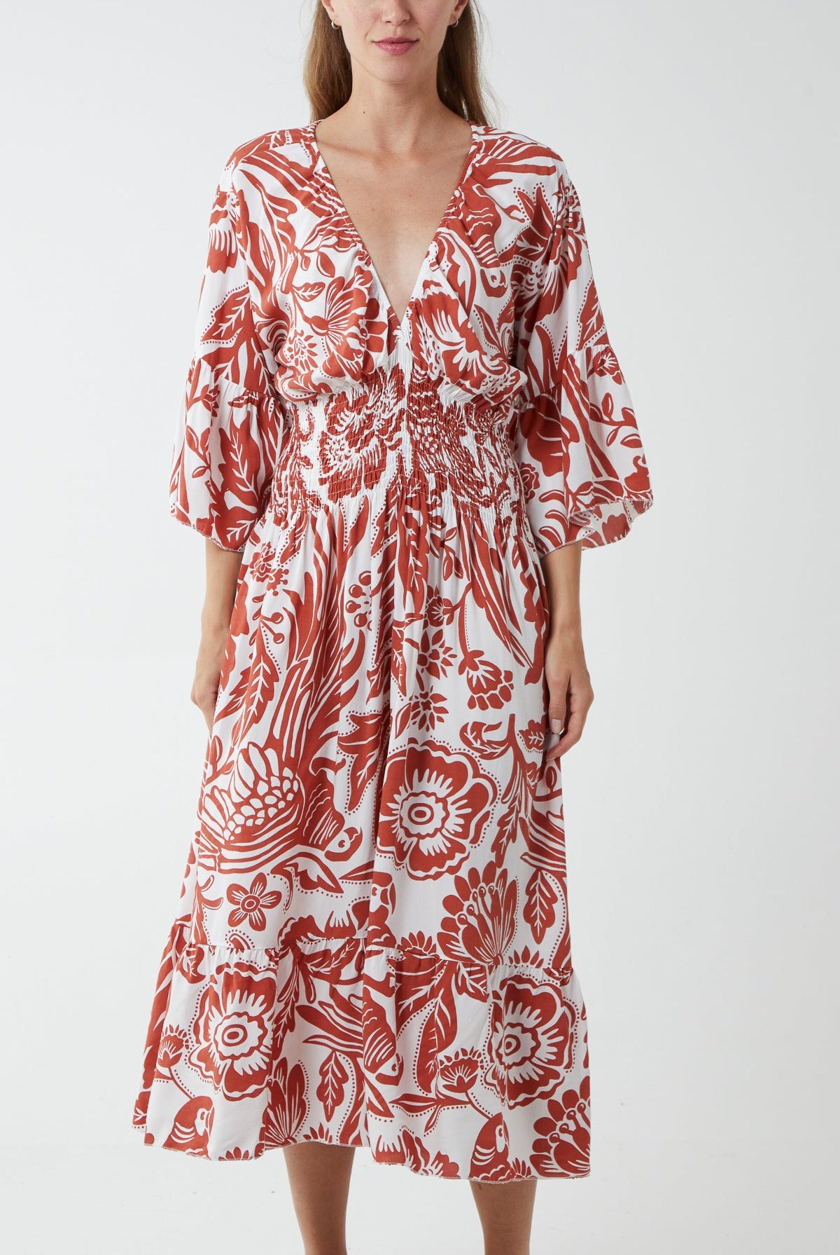 Monochromatic Floral Shirred Bodice Midi Dress DMF2 WearAll Rust One Size