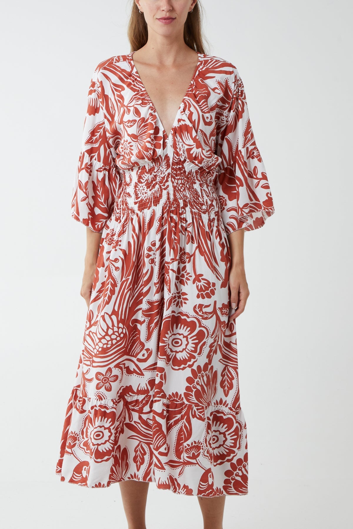 Monochromatic Floral Shirred Bodice Midi Dress DMF2 WearAll Rust One Size