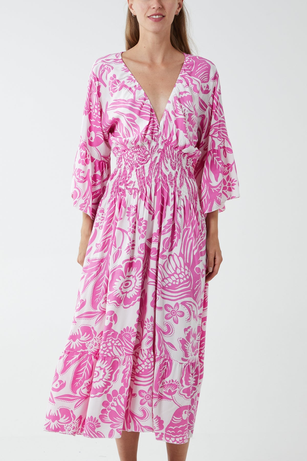 Monochromatic Floral Shirred Bodice Midi Dress DMF2 WearAll Fuchsia One Size