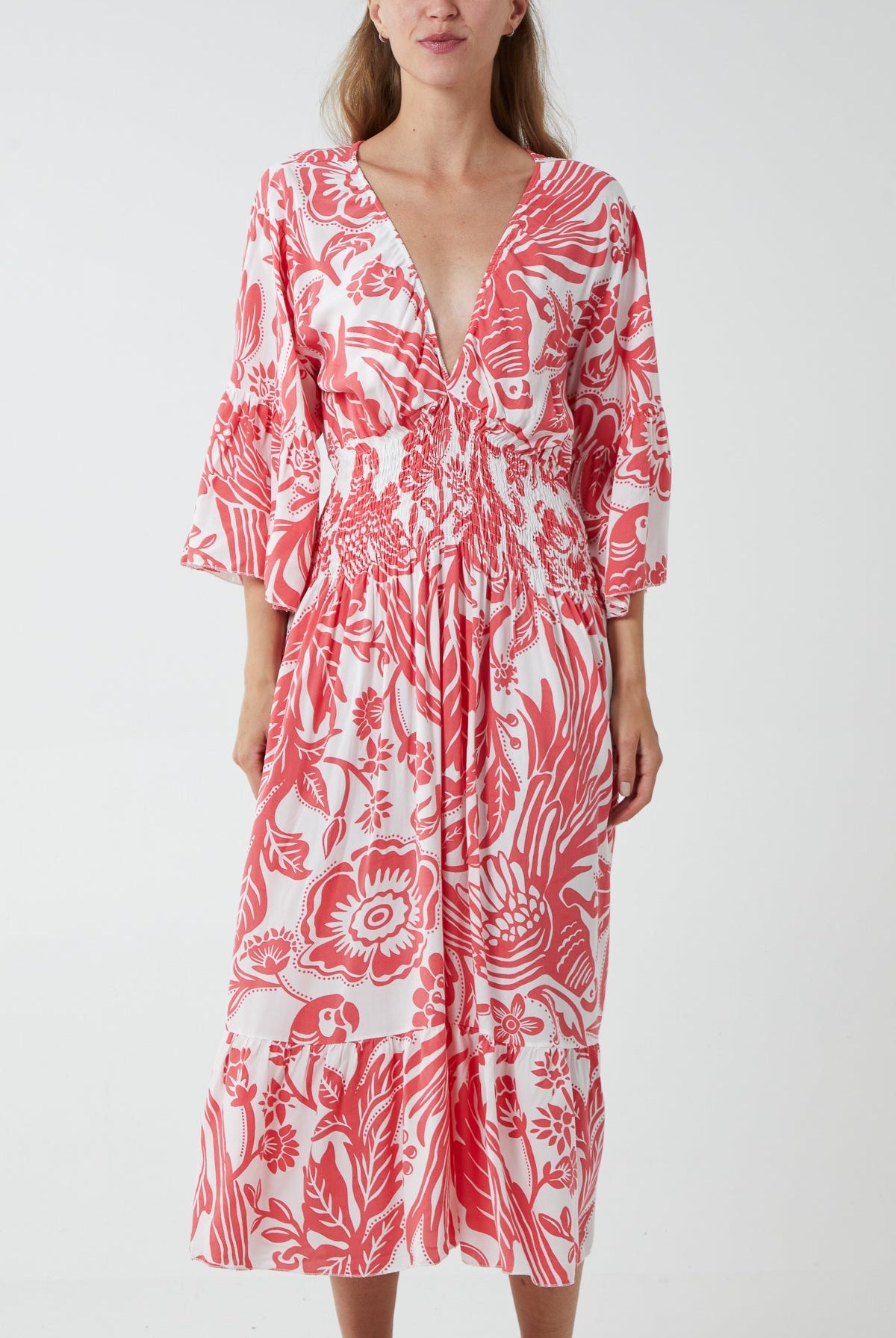 Monochromatic Floral Shirred Bodice Midi Dress DMF2 WearAll Coral One Size